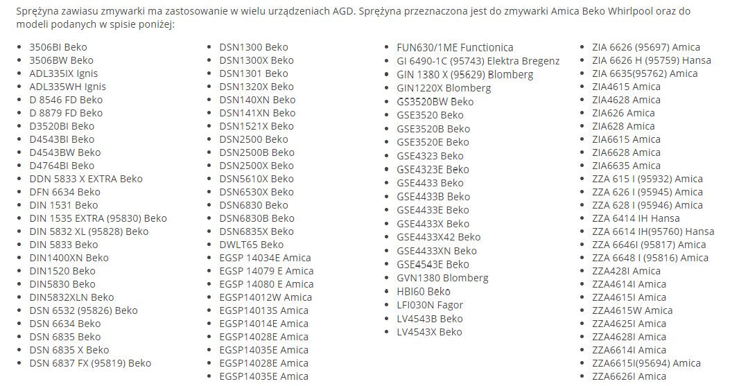 Sprężyna zawiasu zmywarki Amica Beko Whirlpool
